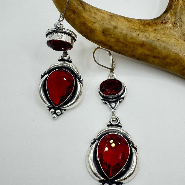 Vintage Red Ruby Glass Dangle Earrings Sterling Silver Design Statement Leverbacks-Earrings-TomWayne Jewelers