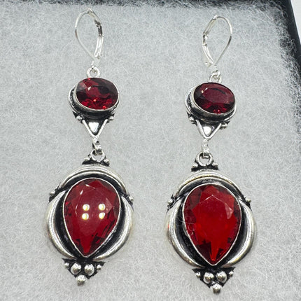 Vintage Red Ruby Glass Dangle Earrings Sterling Silver Design Statement Leverbacks-Earrings-TomWayne Jewelers