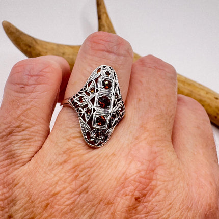 Vintage 925 Sterling Silver Red Garnet Ring: Boho Cocktail-Rings-TomWayne Jewelers