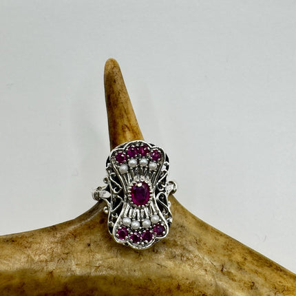 Vintage Red Ruby Pearl Ring 925 Sterling Silver-Rings-TomWayne Jewelers