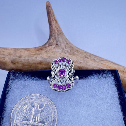 Vintage Red Ruby Pearl Ring 925 Sterling Silver-Rings-TomWayne Jewelers