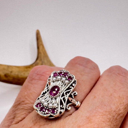Vintage Red Ruby Pearl Ring 925 Sterling Silver-Rings-TomWayne Jewelers