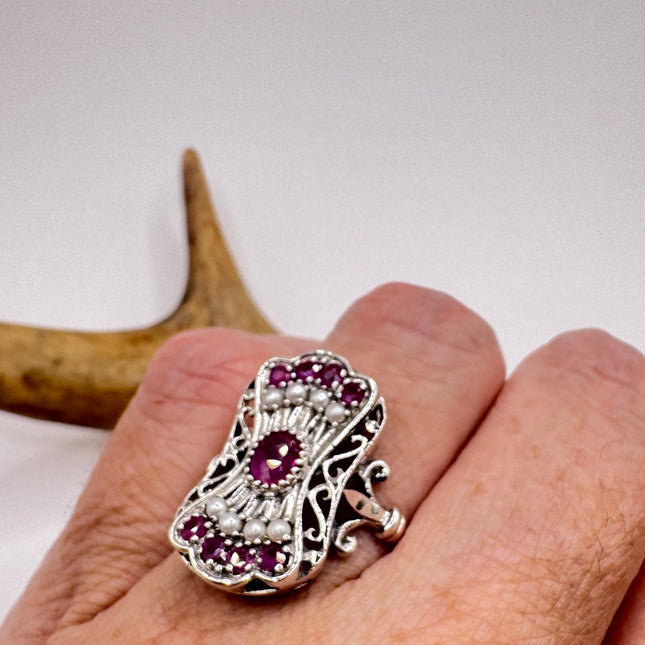 Vintage Red Ruby Pearl Ring 925 Sterling Silver-Rings-TomWayne Jewelers
