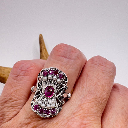 Vintage Red Ruby Pearl Ring 925 Sterling Silver-Rings-TomWayne Jewelers