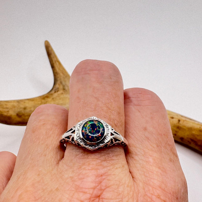 Vintage Black Fire Opal Ring 925 Sterling Silver-Rings-TomWayne Jewelers