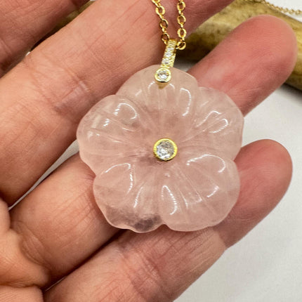 Vintage Rose Quartz Crystal Flower Necklace Gold Filled