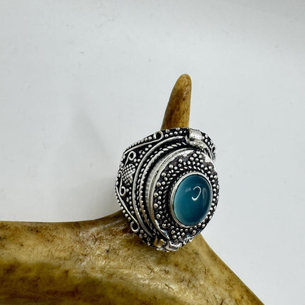 Vintage Silver Bronze Poison Ring Blue Chalcedony Statement Ring-Rings-TomWayne Jewelers