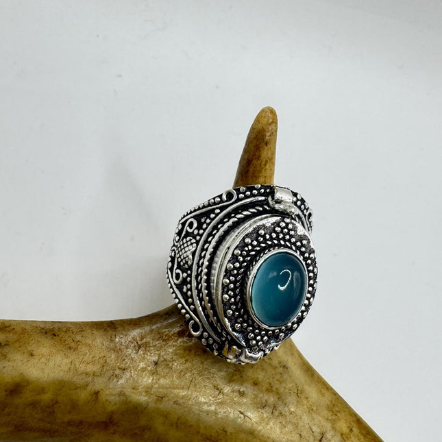 Vintage Silver Bronze Poison Ring Blue Chalcedony Statement Ring-Rings-TomWayne Jewelers
