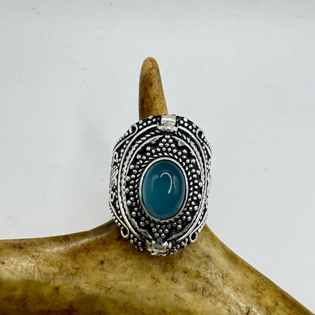 Vintage Silver Bronze Poison Ring Blue Chalcedony Statement Ring-Rings-TomWayne Jewelers