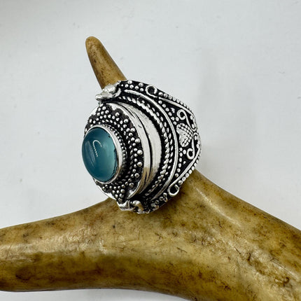 Vintage Silver Bronze Poison Ring Blue Chalcedony Statement Ring-Rings-TomWayne Jewelers