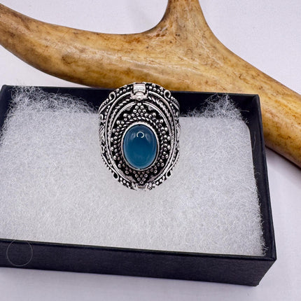 Vintage Silver Bronze Poison Ring Blue Chalcedony Statement Ring-Rings-TomWayne Jewelers