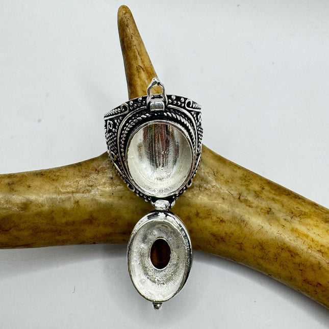 Vintage Poison Ring Tigers Eye Silver Bronze Pill Box Statement Ring-Rings-TomWayne Jewelers
