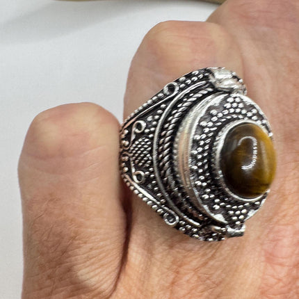 Vintage Poison Ring Tigers Eye Silver Bronze Pill Box Statement Ring-Rings-TomWayne Jewelers