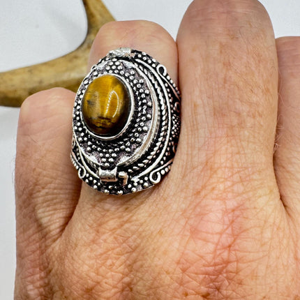 Vintage Poison Ring Tigers Eye Silver Bronze Pill Box Statement Ring-Rings-TomWayne Jewelers