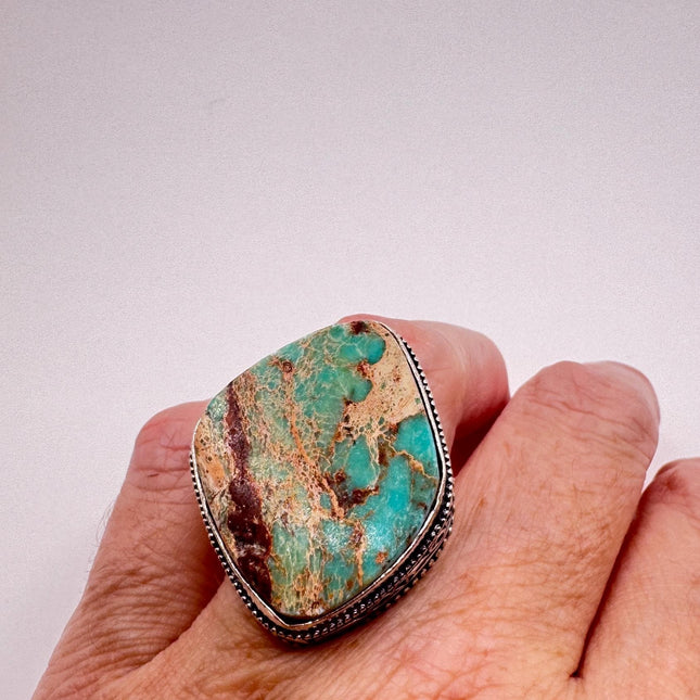Vintage Green Turquoise Silver Bronze Ring: Statement Jewelry