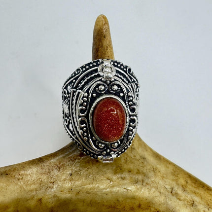 Vintage Goldstone Poison Silver Bronze Pill Box Statement Ring-Rings-TomWayne Jewelers