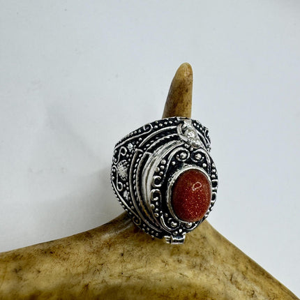 Vintage Goldstone Poison Silver Bronze Pill Box Statement Ring-Rings-TomWayne Jewelers