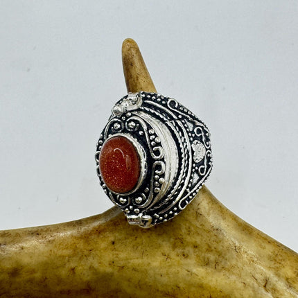 Vintage Goldstone Poison Silver Bronze Pill Box Statement Ring-Rings-TomWayne Jewelers
