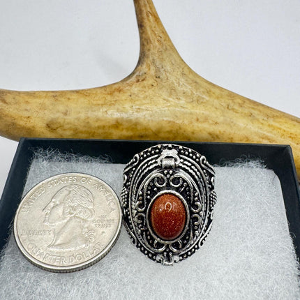 Vintage Goldstone Poison Silver Bronze Pill Box Statement Ring-Rings-TomWayne Jewelers