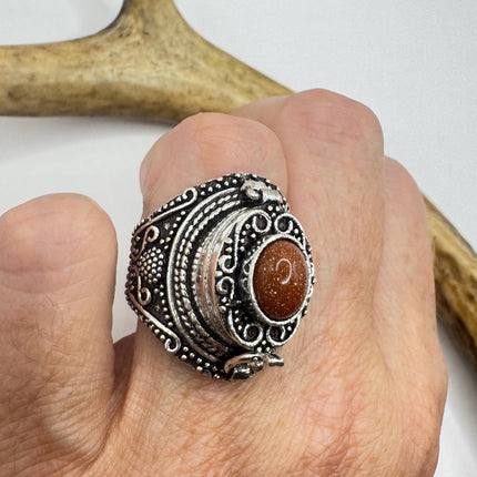 Vintage Goldstone Poison Silver Bronze Pill Box Statement Ring-Rings-TomWayne Jewelers