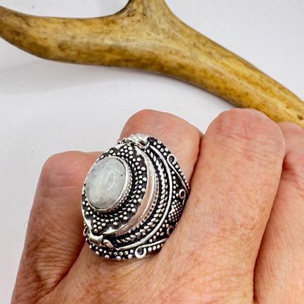 Vintage Rainbow Moonstone Poison Ring Silver Bronze-Rings-TomWayne Jewelers