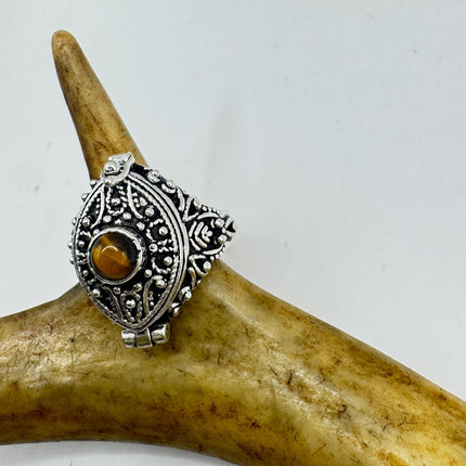 Vintage Poison Ring Tigers Eye Silver Bronze Pill Box Statement Ring-Rings-TomWayne Jewelers