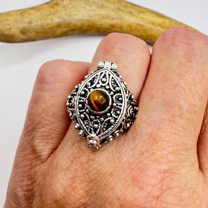 Vintage Poison Ring Tigers Eye Silver Bronze Pill Box Statement Ring-Rings-TomWayne Jewelers