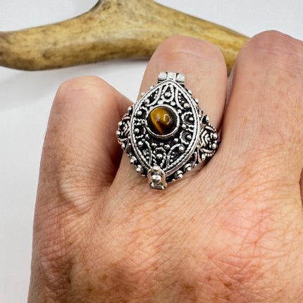 Vintage Poison Ring Tigers Eye Silver Bronze Pill Box Statement Ring-Rings-TomWayne Jewelers
