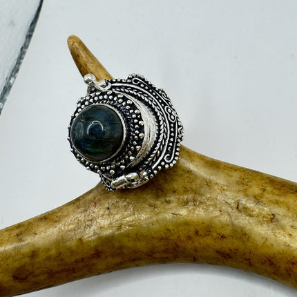 Vintage Silver Bronze Poison Ring | Labradorite | Statement Ring-Rings-TomWayne Jewelers