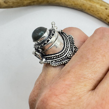 Vintage Silver Bronze Poison Ring | Labradorite | Statement Ring-Rings-TomWayne Jewelers