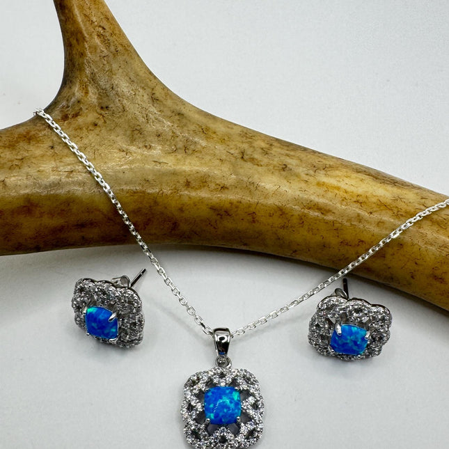 Vintage Blue Fire Opal Set | 925 Sterling Silver Necklace and Earrings | Elegant Jewelry Gift