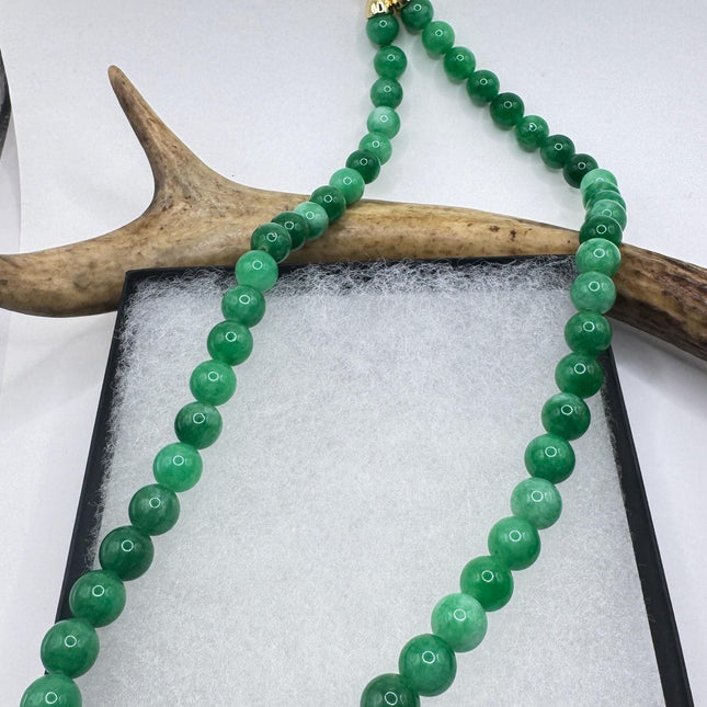 Vintage Green Jade Deco Beaded Necklace - Silver Bronze