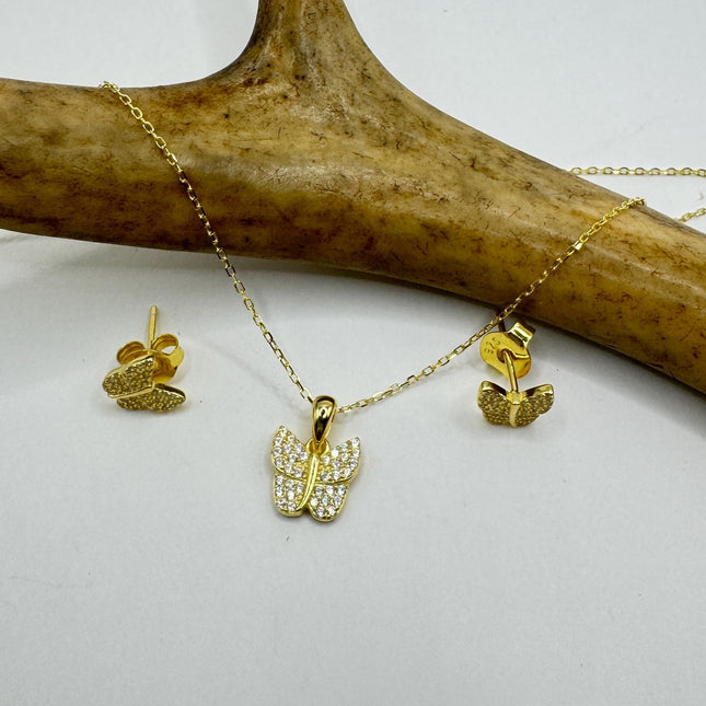 Vintage Butterfly Set | Gold 925 Sterling Silver Necklace and Earrings | Elegant Jewelry Gift