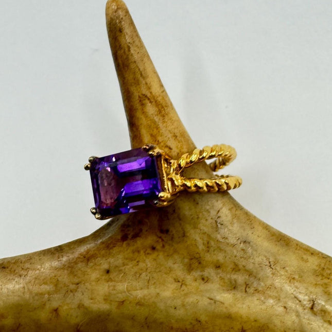 Vintage Purple Amethyst Ring Band Golden 925 Sterling Silver cocktail statement ring