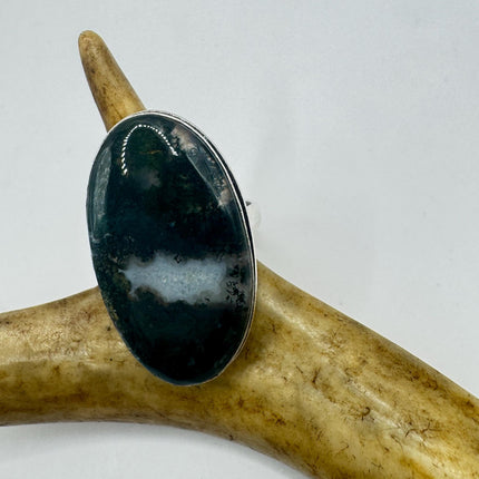 Vintage Green Moss Agate Silver Bronze Ring: Statement Jewelry-Rings-TomWayne Jewelers