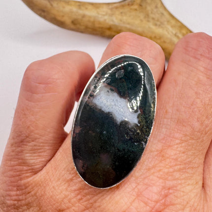 Vintage Green Moss Agate Silver Bronze Ring: Statement Jewelry-Rings-TomWayne Jewelers