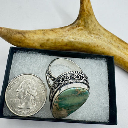 Vintage Green Turquoise Silver Bronze Ring: Statement Jewelry-Rings-TomWayne Jewelers