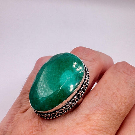 Vintage Green Emerald Boho Cocktail Ring Silver-Rings-TomWayne Jewelers