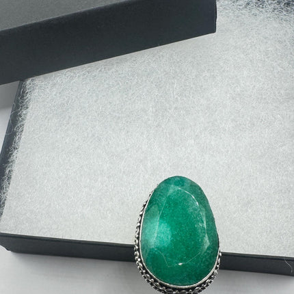 Vintage Green Emerald Boho Cocktail Ring Silver-Rings-TomWayne Jewelers