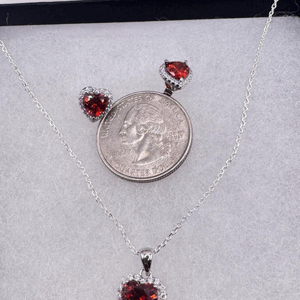 vintage red heart garnet set 925 sterling silver necklace and earrings-TomWayne Jewelers
