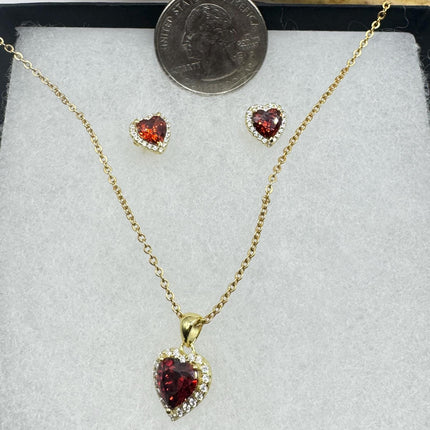 vintage red heart garnet set gold 925 sterling silver necklace and earrings-TomWayne Jewelers