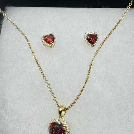 vintage red heart garnet set gold 925 sterling silver necklace and earrings-TomWayne Jewelers