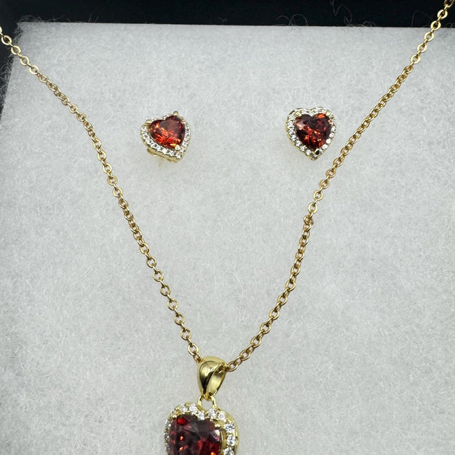 vintage red heart garnet set gold 925 sterling silver necklace and earrings-TomWayne Jewelers