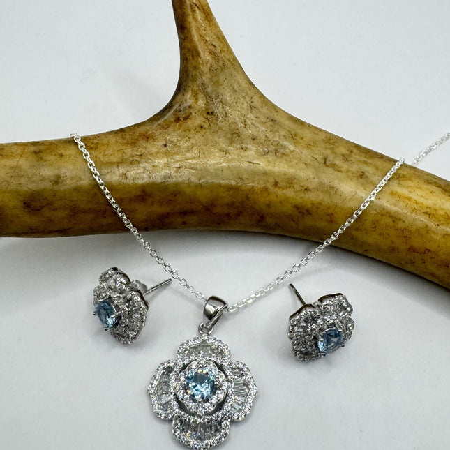 Vintage Blue Topaz Flower Set 925 sterling Silver Necklace and Earrings-TomWayne Jewelers