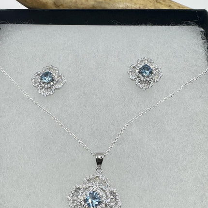 Vintage Blue Topaz Flower Set 925 sterling Silver Necklace and Earrings-TomWayne Jewelers