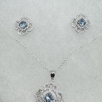 Vintage Blue Topaz Flower Set 925 sterling Silver Necklace and Earrings-TomWayne Jewelers