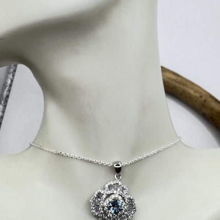 Vintage Blue Topaz Flower Set 925 sterling Silver Necklace and Earrings-TomWayne Jewelers
