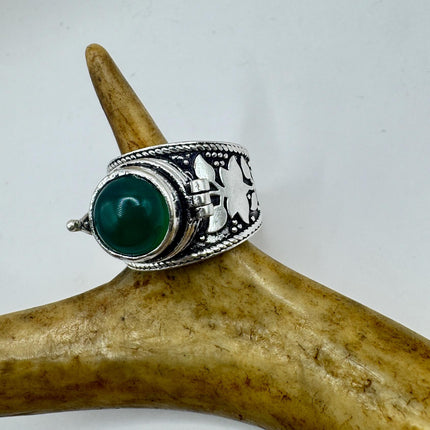 Vintage Silver Bronze Poison Ring | Retro Green Chrysoprase Statement Ring-Rings-TomWayne Jewelers
