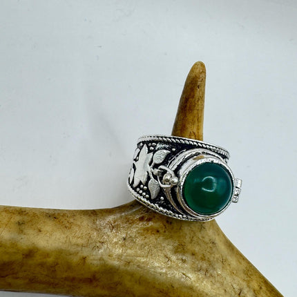 Vintage Silver Bronze Poison Ring | Retro Green Chrysoprase Statement Ring-Rings-TomWayne Jewelers