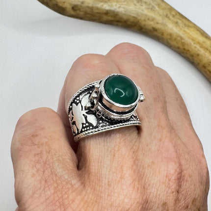 Vintage Silver Bronze Poison Ring | Retro Green Chrysoprase Statement Ring-Rings-TomWayne Jewelers